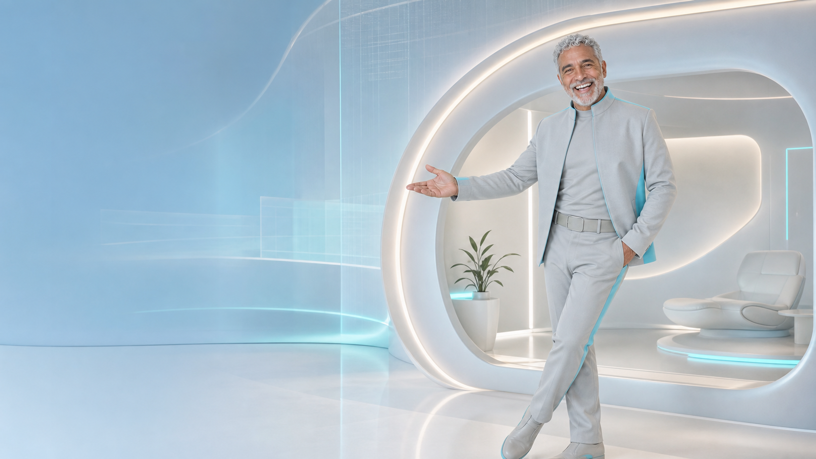 Welcoming creative professional presenting a luminous aqua futuristic design studio